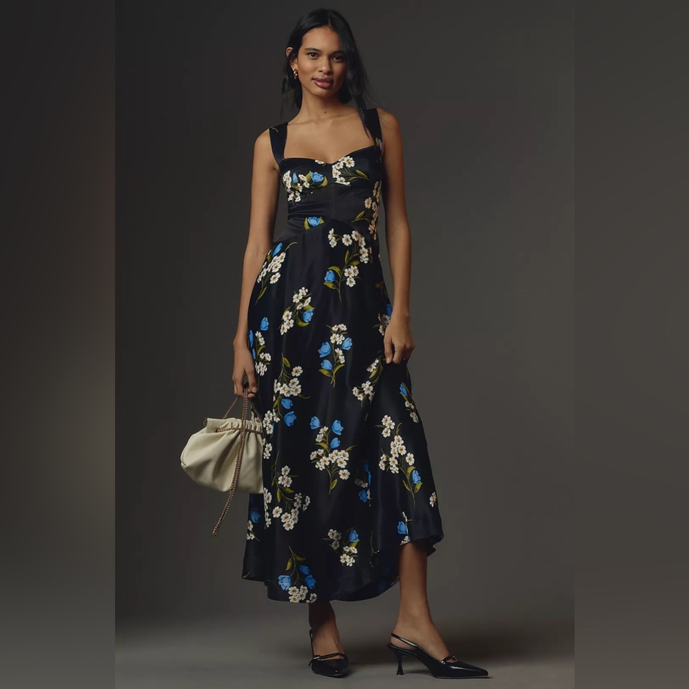 Anthropologie Maeve Sleeveless Seamed Slip Midi Dress - Black Motif . Size Small